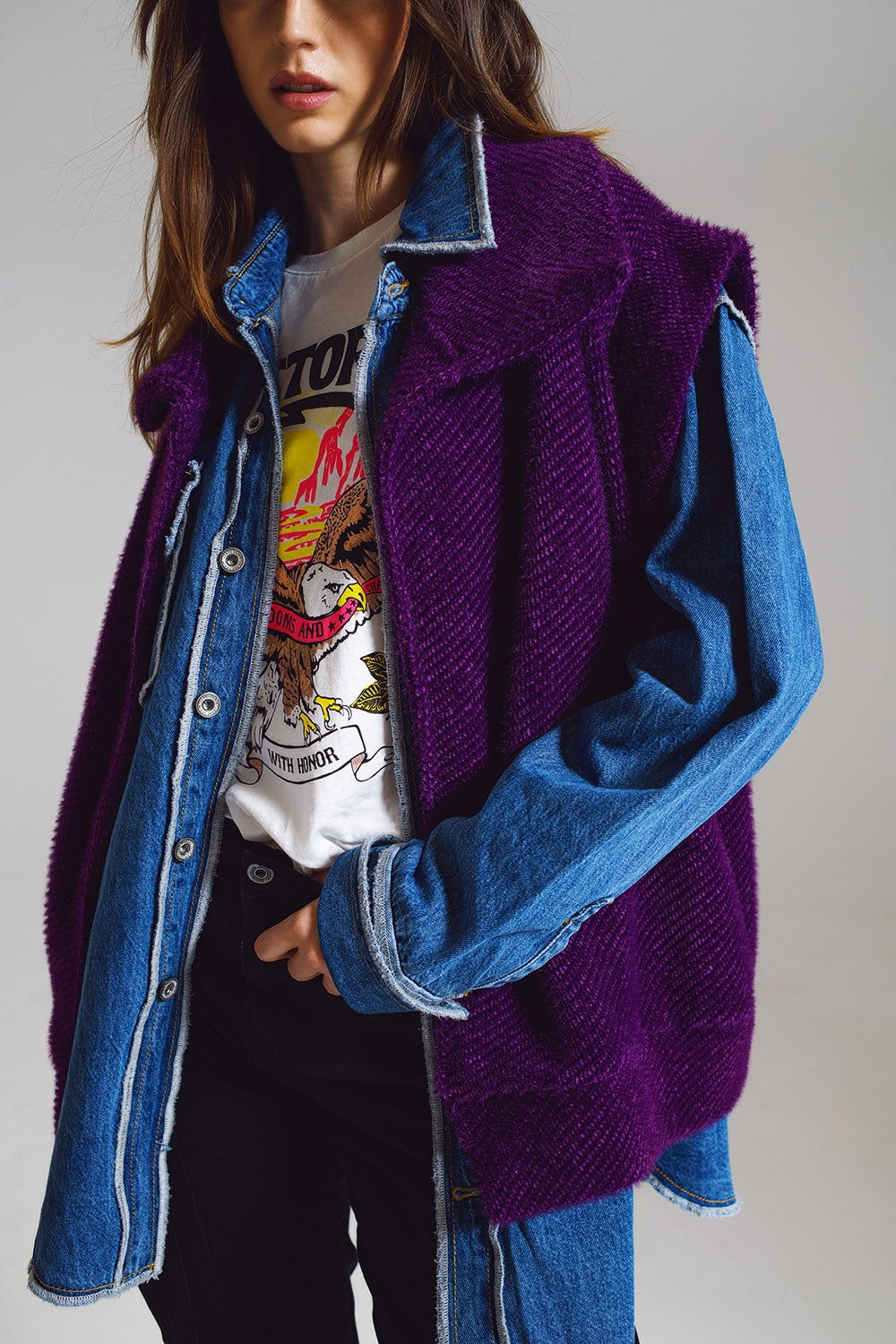 Chaleco de espiga abierto con cuello estilo chal en color morado Q2