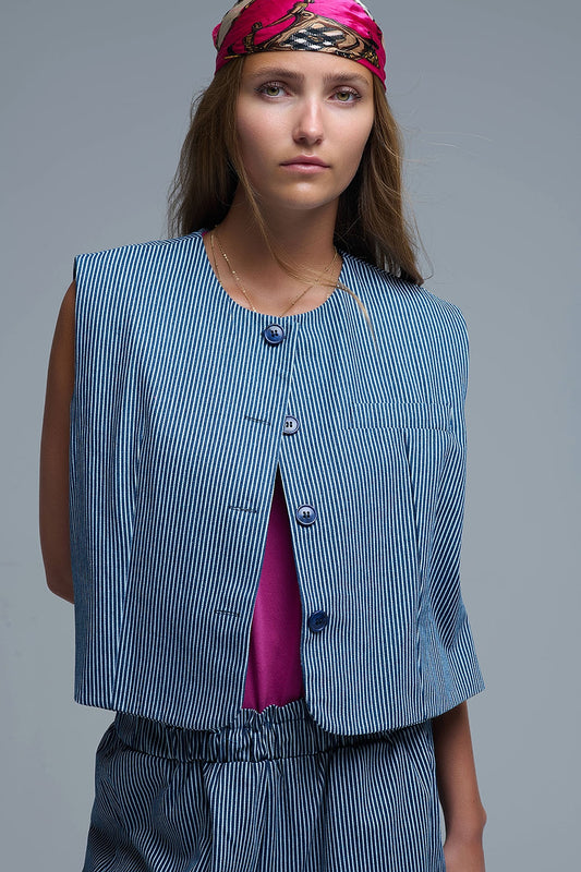 Q2 Chaleco de rayas azules y blancas con cuello redondo