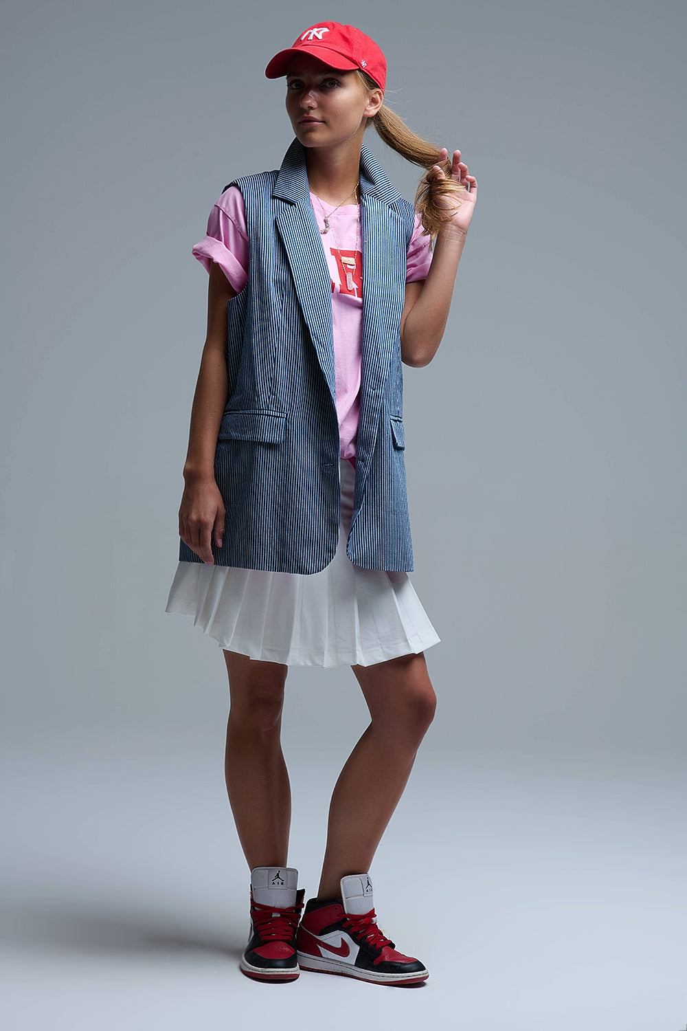 Chaleco largo de rayas azul y blanco con cuello chal Q2