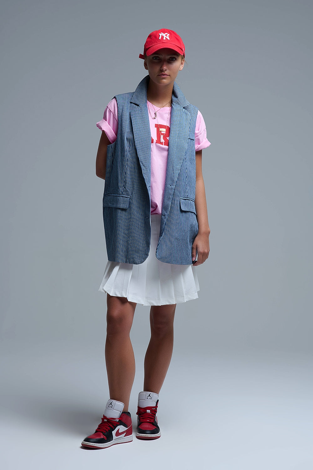 Chaleco largo de rayas azul y blanco con cuello chal Q2