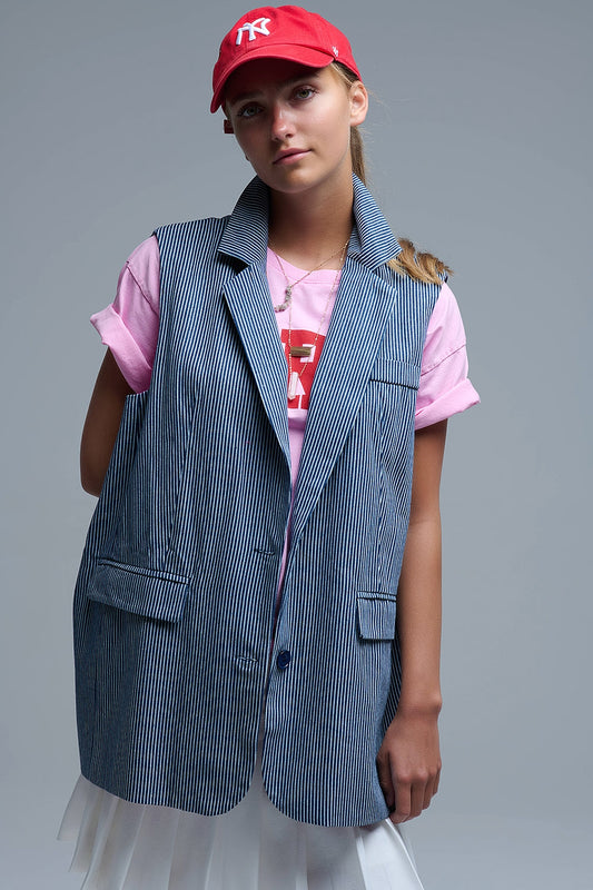 Q2 Chaleco largo de rayas azul y blanco con cuello chal