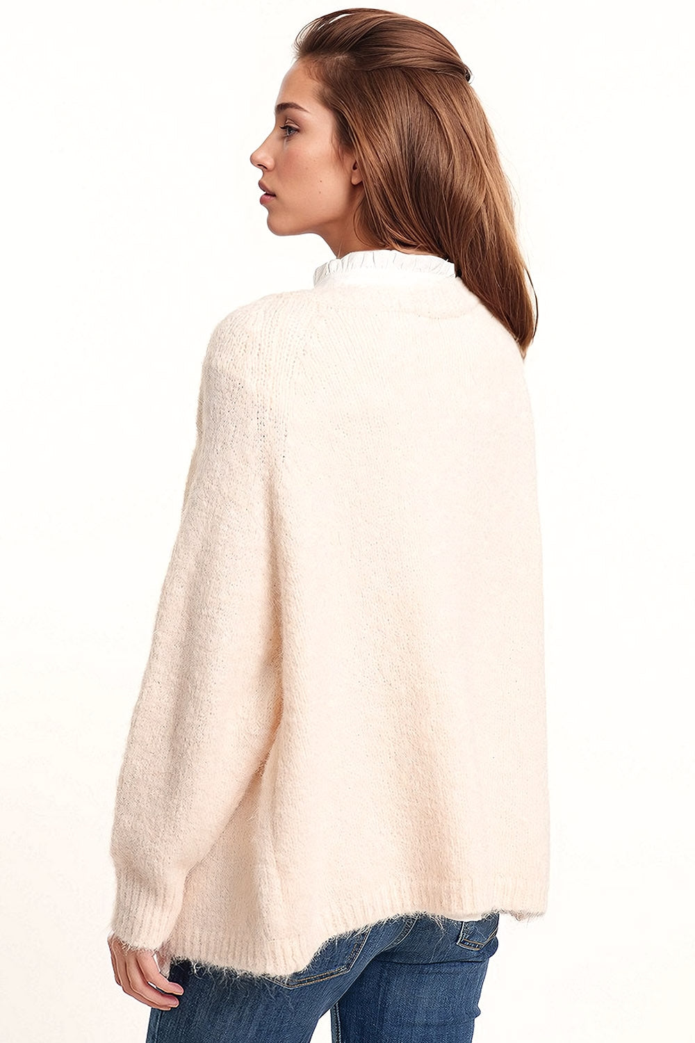 Chaqueta abierta oversize de punto mullido en color blanco con canalé en los puños y las mangas Q2