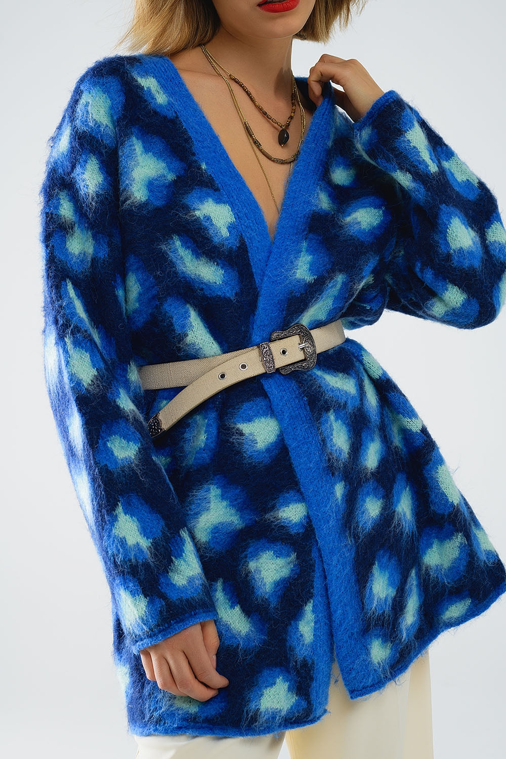 Chaqueta azul de lana con estampado de leopardo Q2
