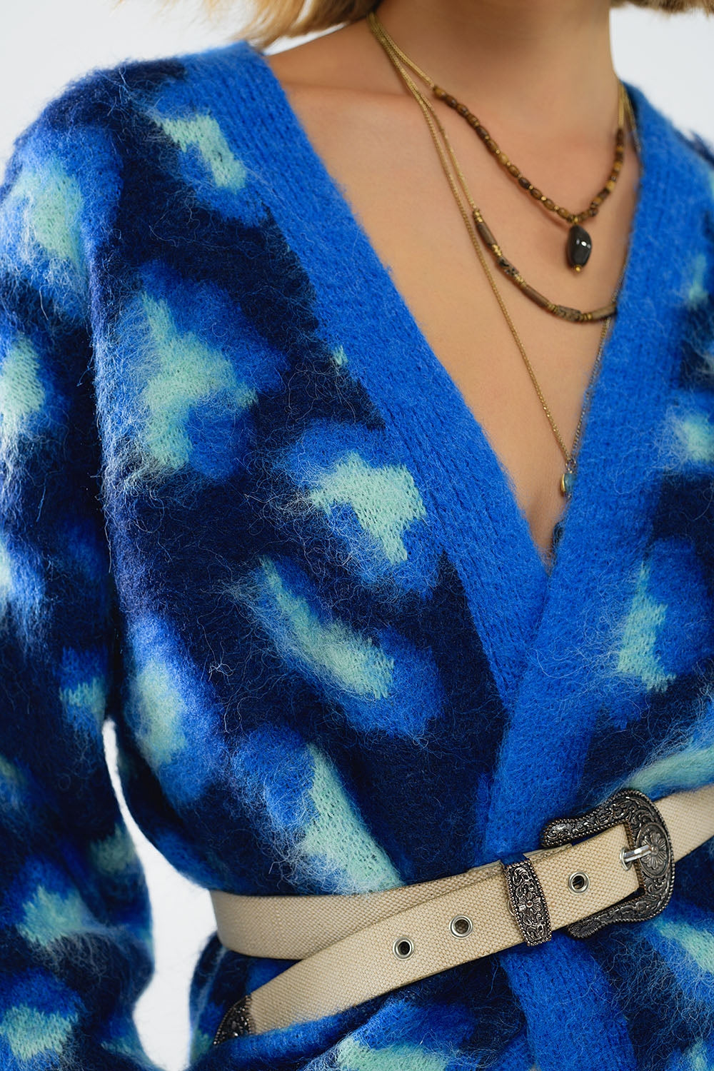 Chaqueta azul de lana con estampado de leopardo Q2