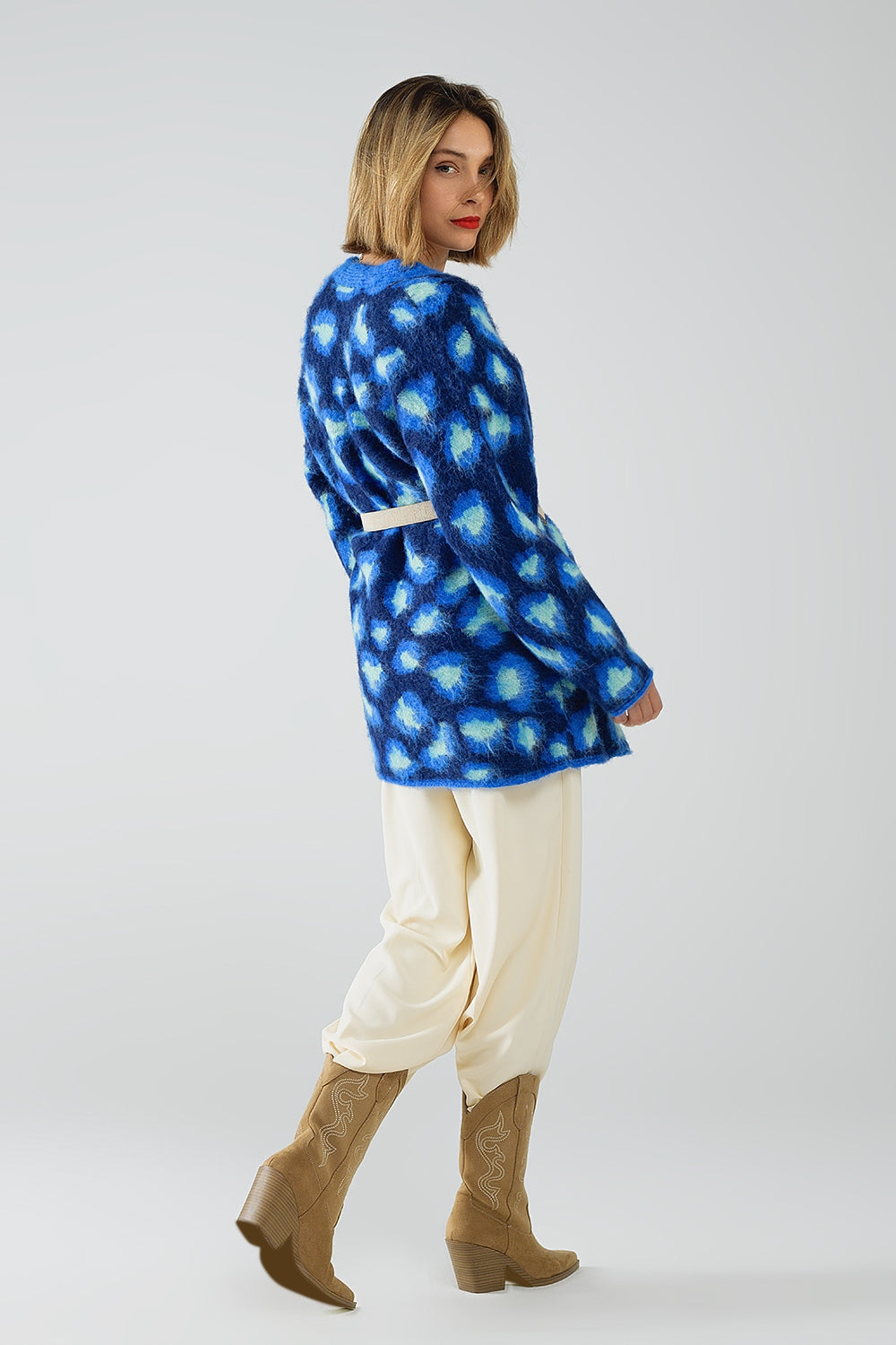 Chaqueta azul de lana con estampado de leopardo Q2