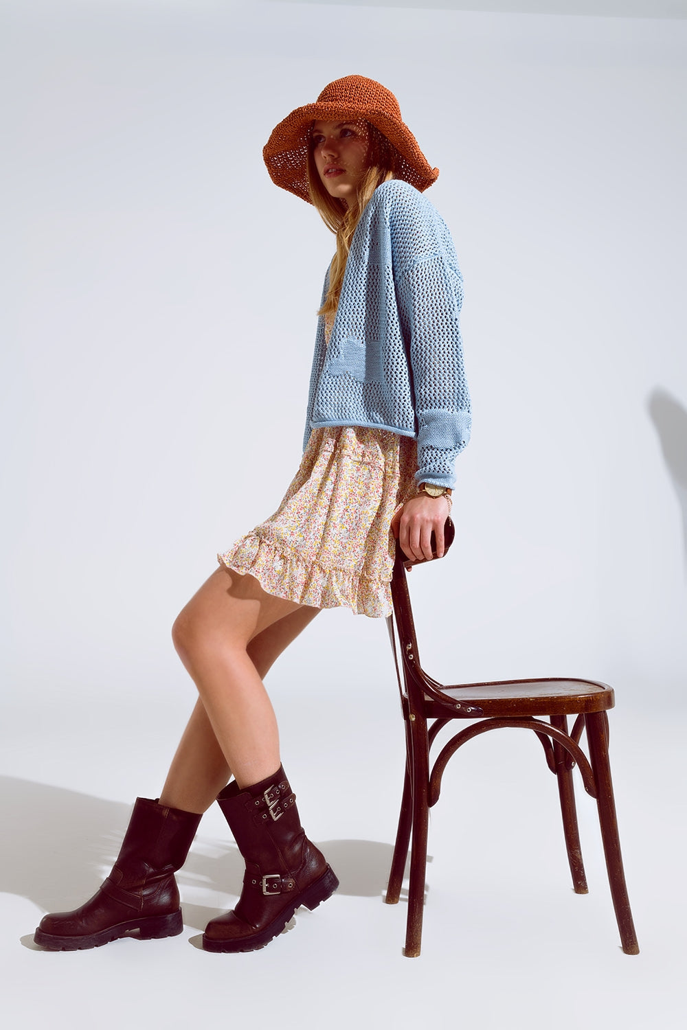 Chaqueta de ganchillo con nubes de punto azul Q2