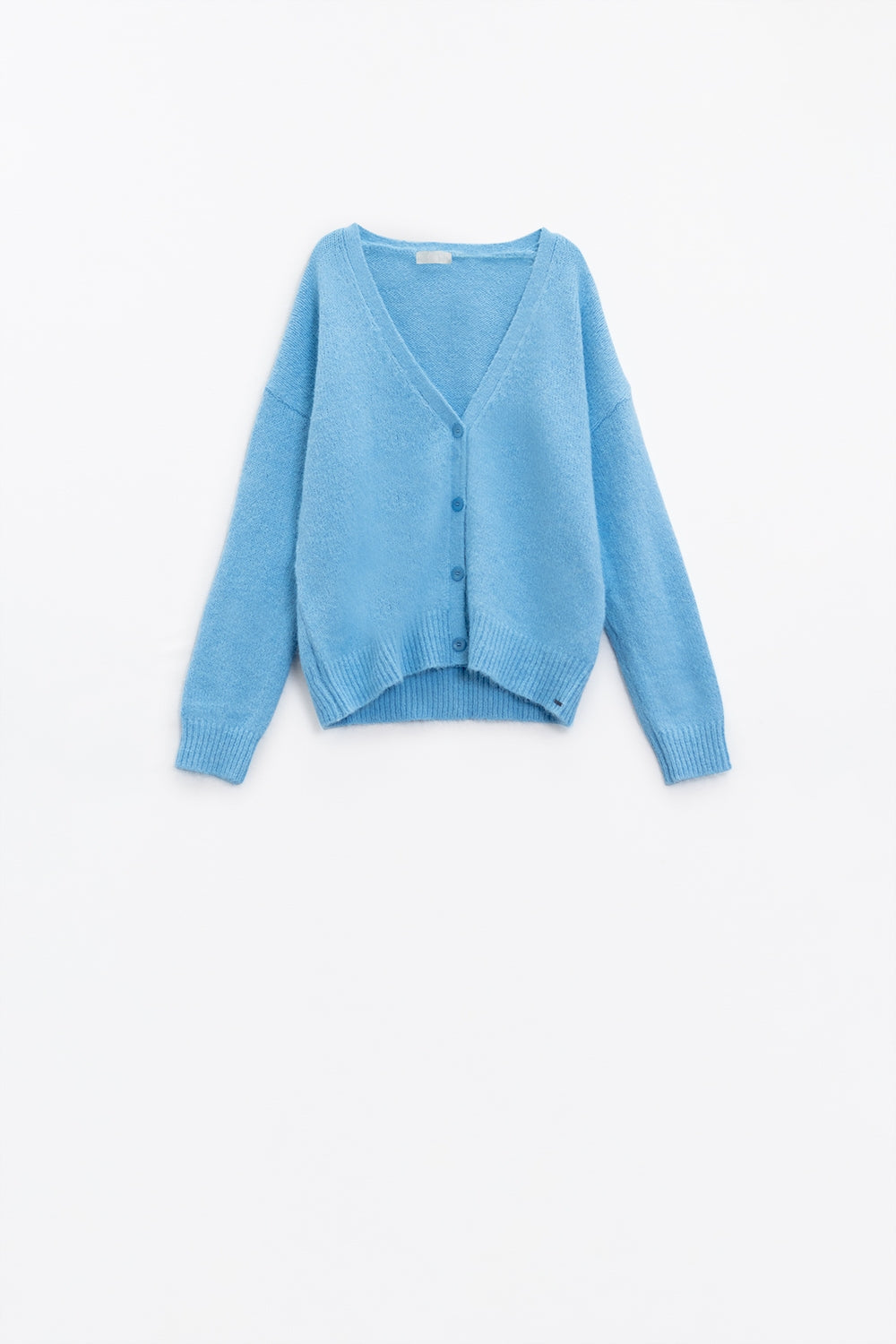 Chaqueta de punto azul con cuello de pico ancho y cierre de botones Q2