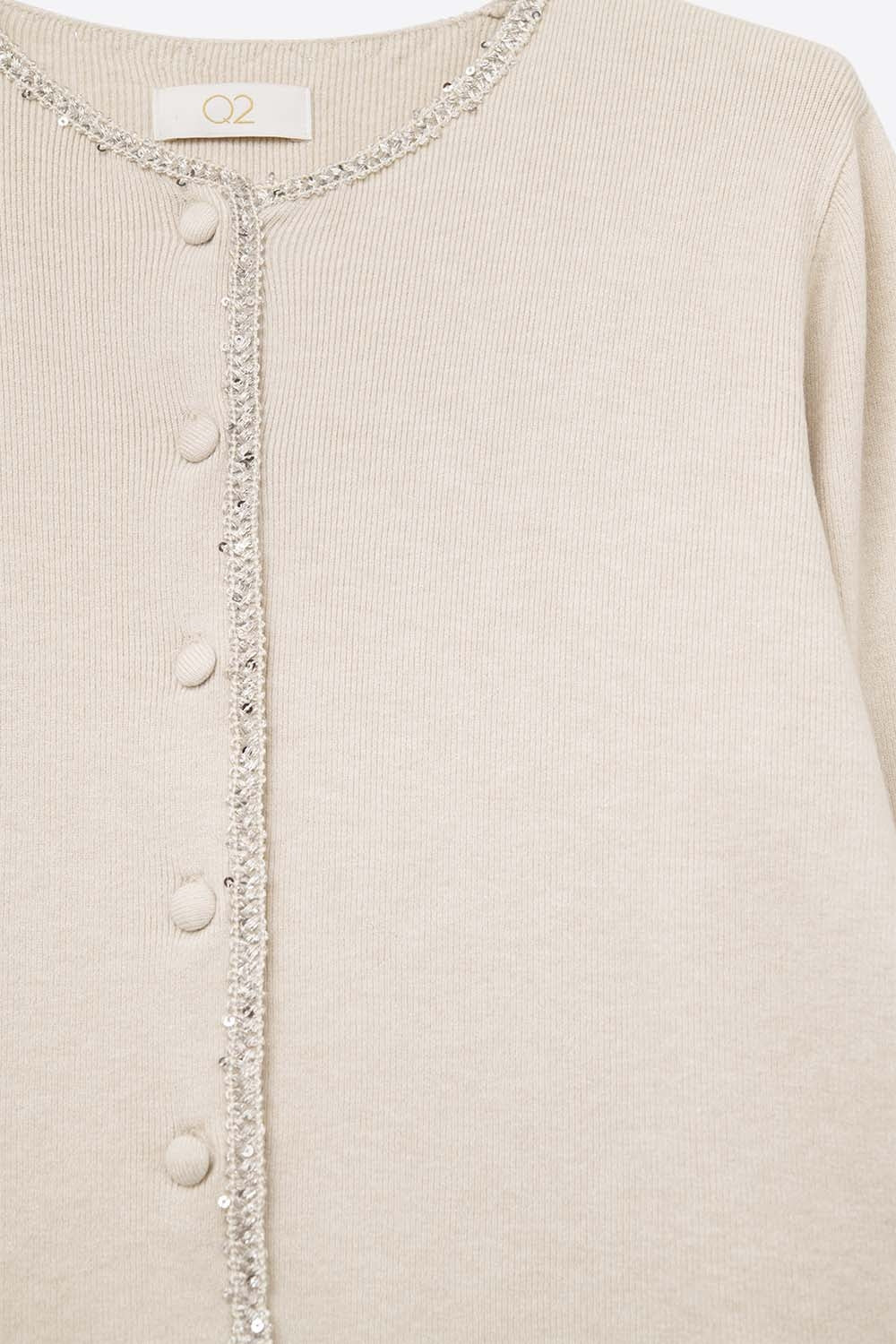 chaqueta de punto fino beige con detalle de strass Q2