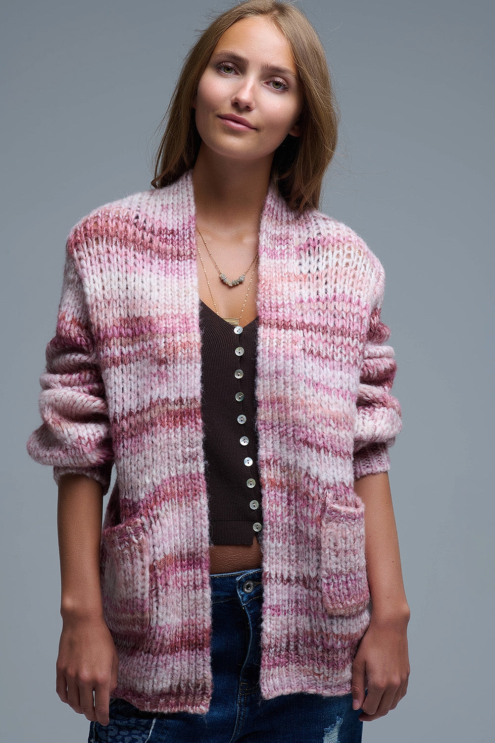 Chaqueta larga de rayas jaspeadas con bolsillos en rosa Q2