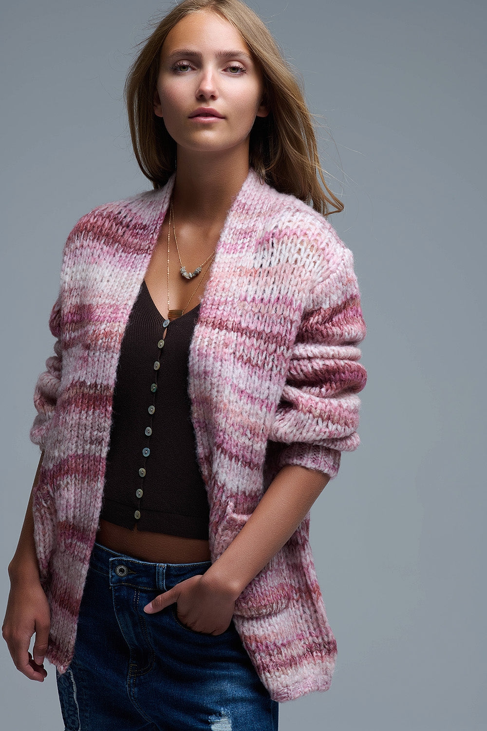 Chaqueta larga de rayas jaspeadas con bolsillos en rosa Q2