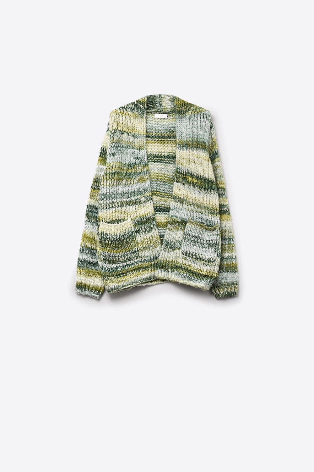 Q2 Chaqueta larga de rayas jaspeadas con bolsillos en verde