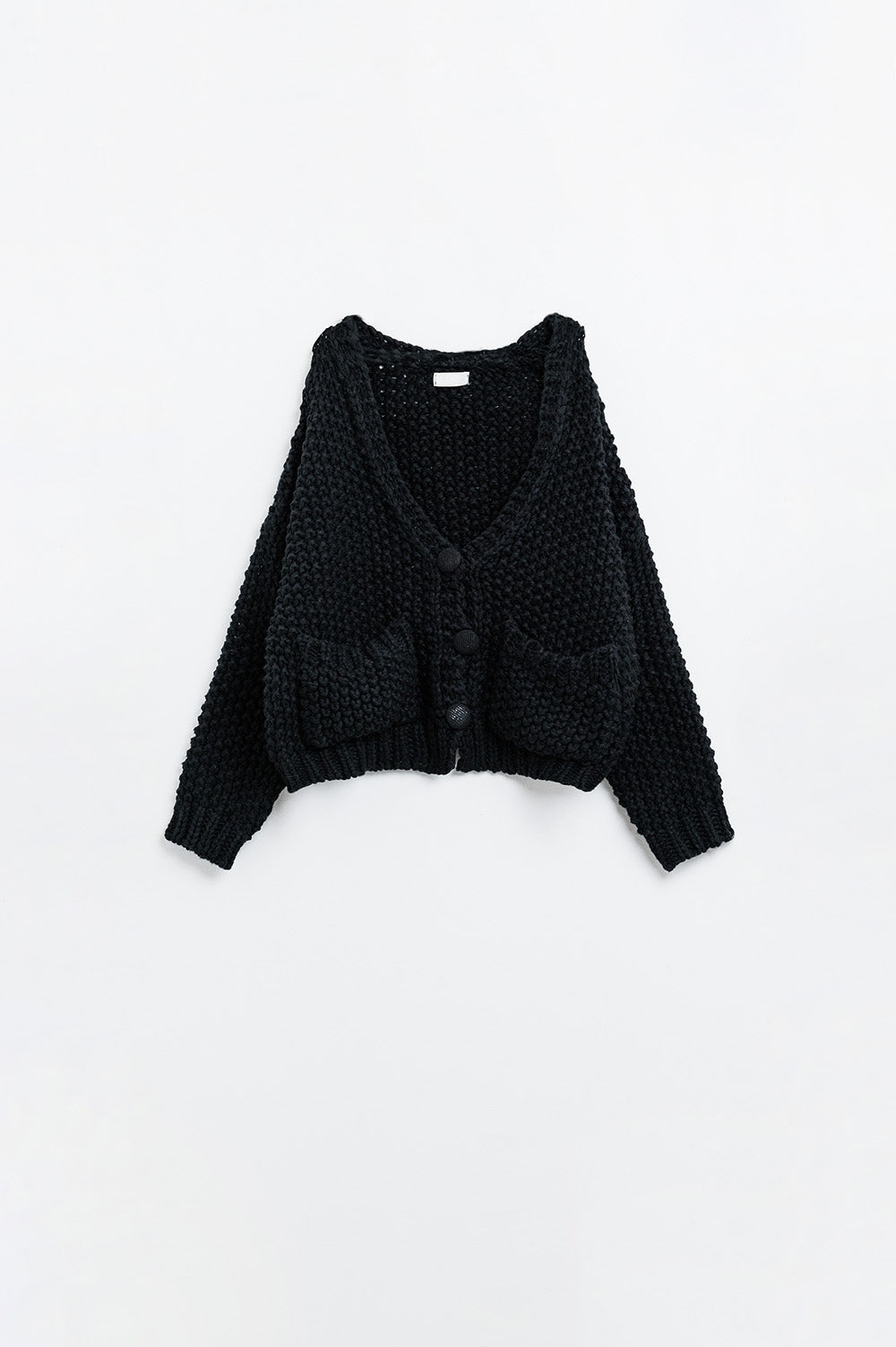 Chaqueta negra oversize de punto grueso con bolsillos Q2