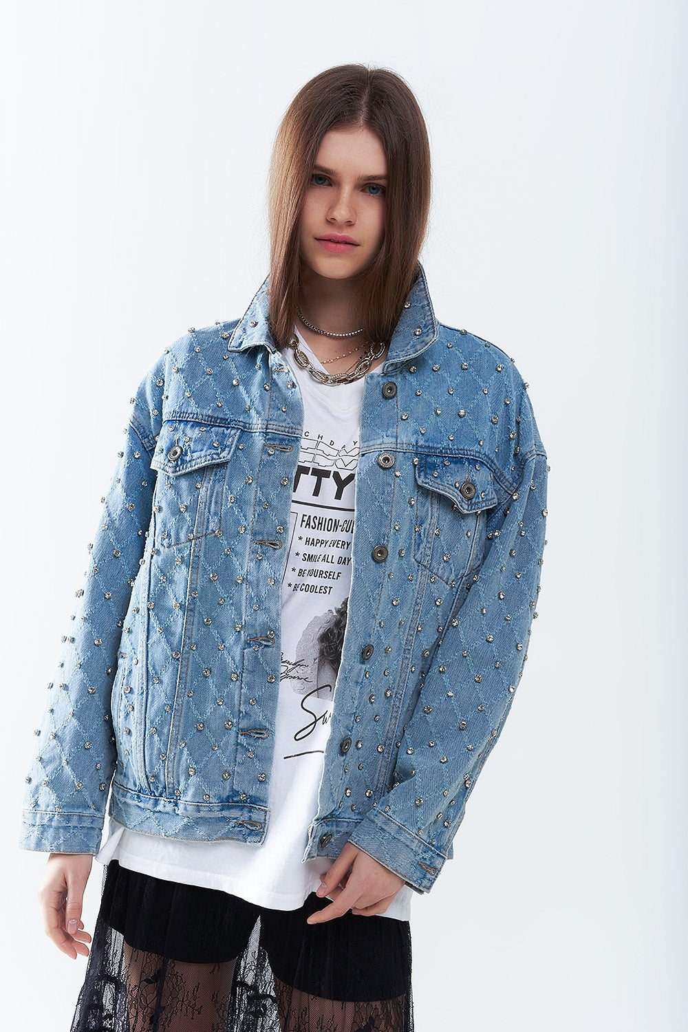 Chaqueta vaquera ancha con pedrería en estampado de rombos Q2