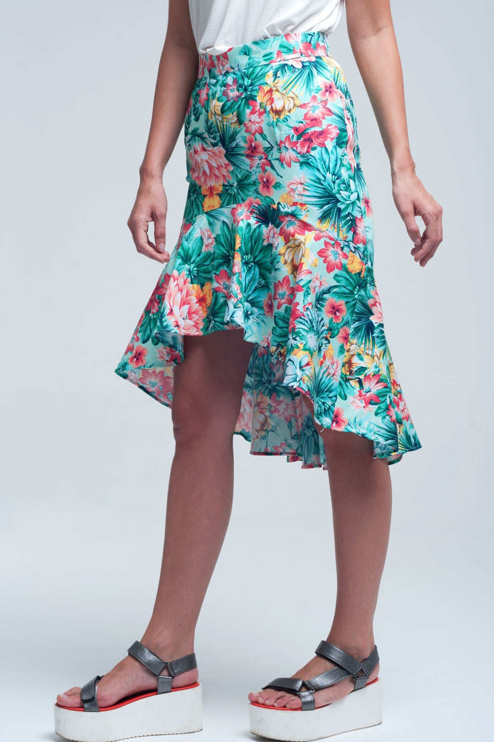 Falda floral asimétrica de color verde Q2
