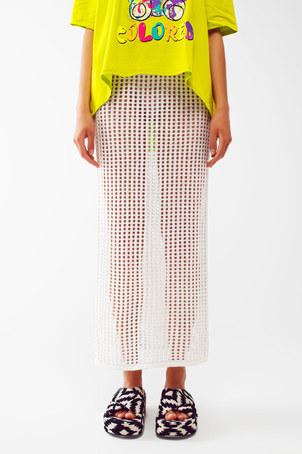 Falda larga de crochet transparente en blanco Q2