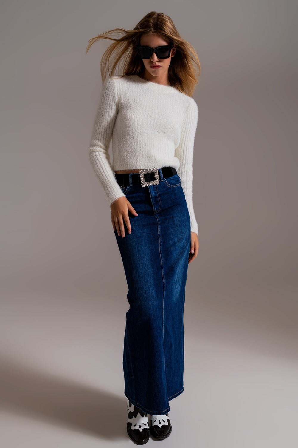 Falda larga denim elástica estilo años 90 en lavado oscuro Q2