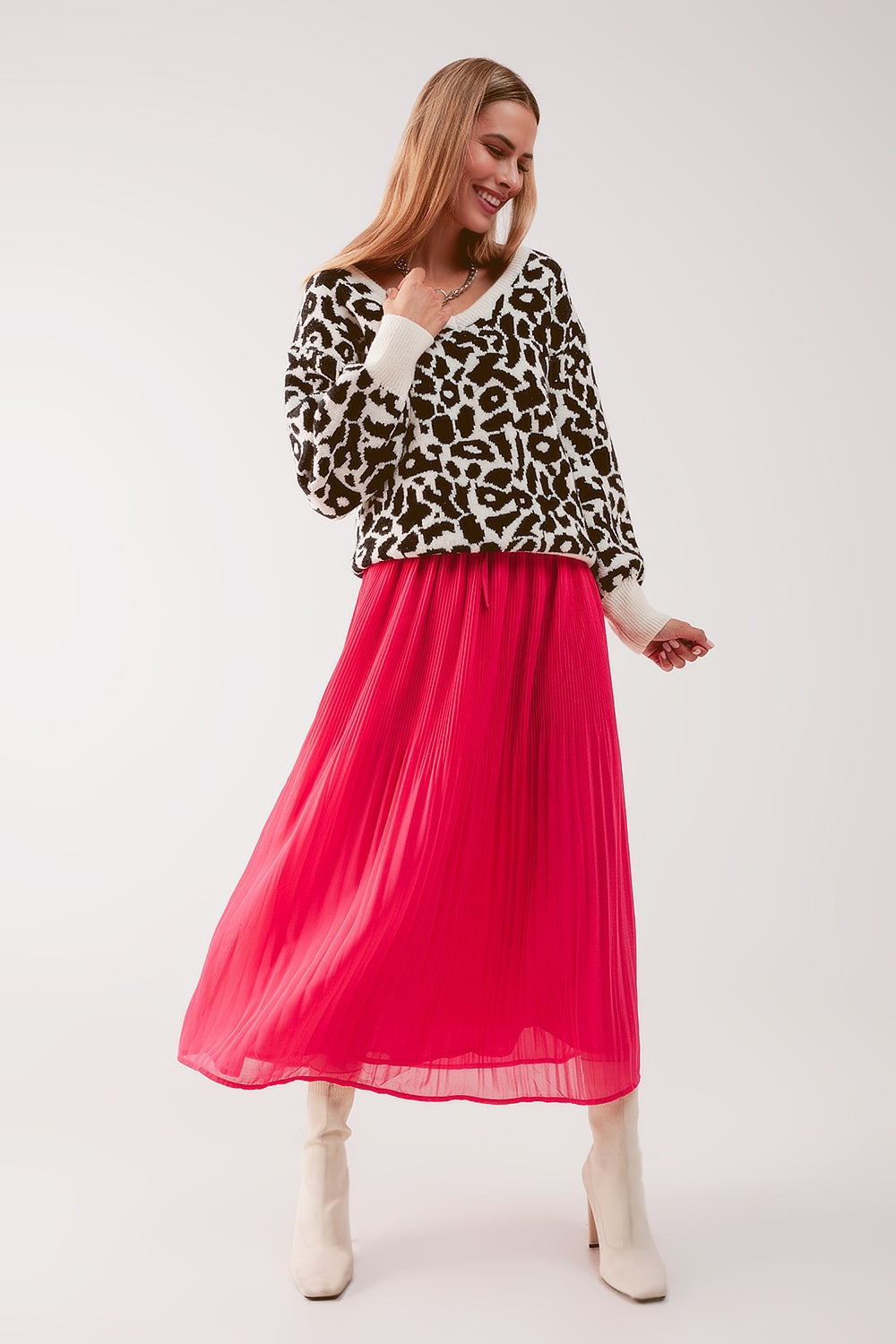 Falda midi plisada de chifón en fucsia Q2