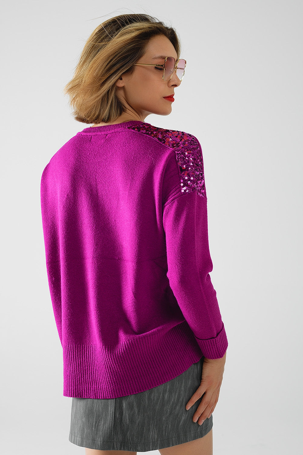 fuchsia Suéter De Mangas Largas Con Lentejuelas En Los Hombros Q2