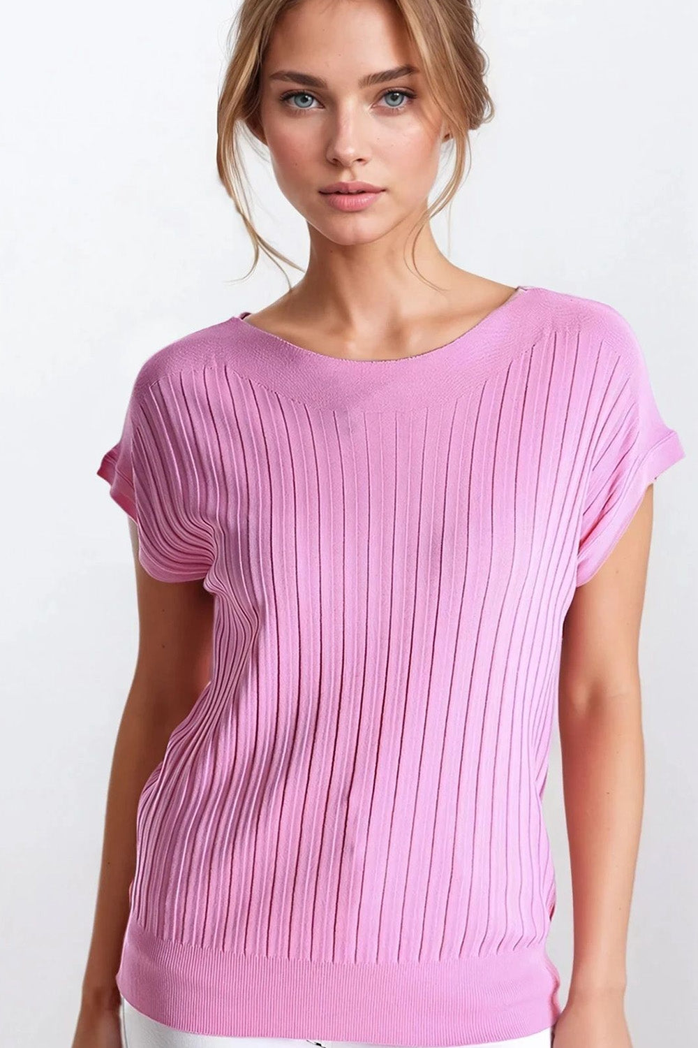 Q2 Fucshia Suéter de punto de canalé fino con cuello barco