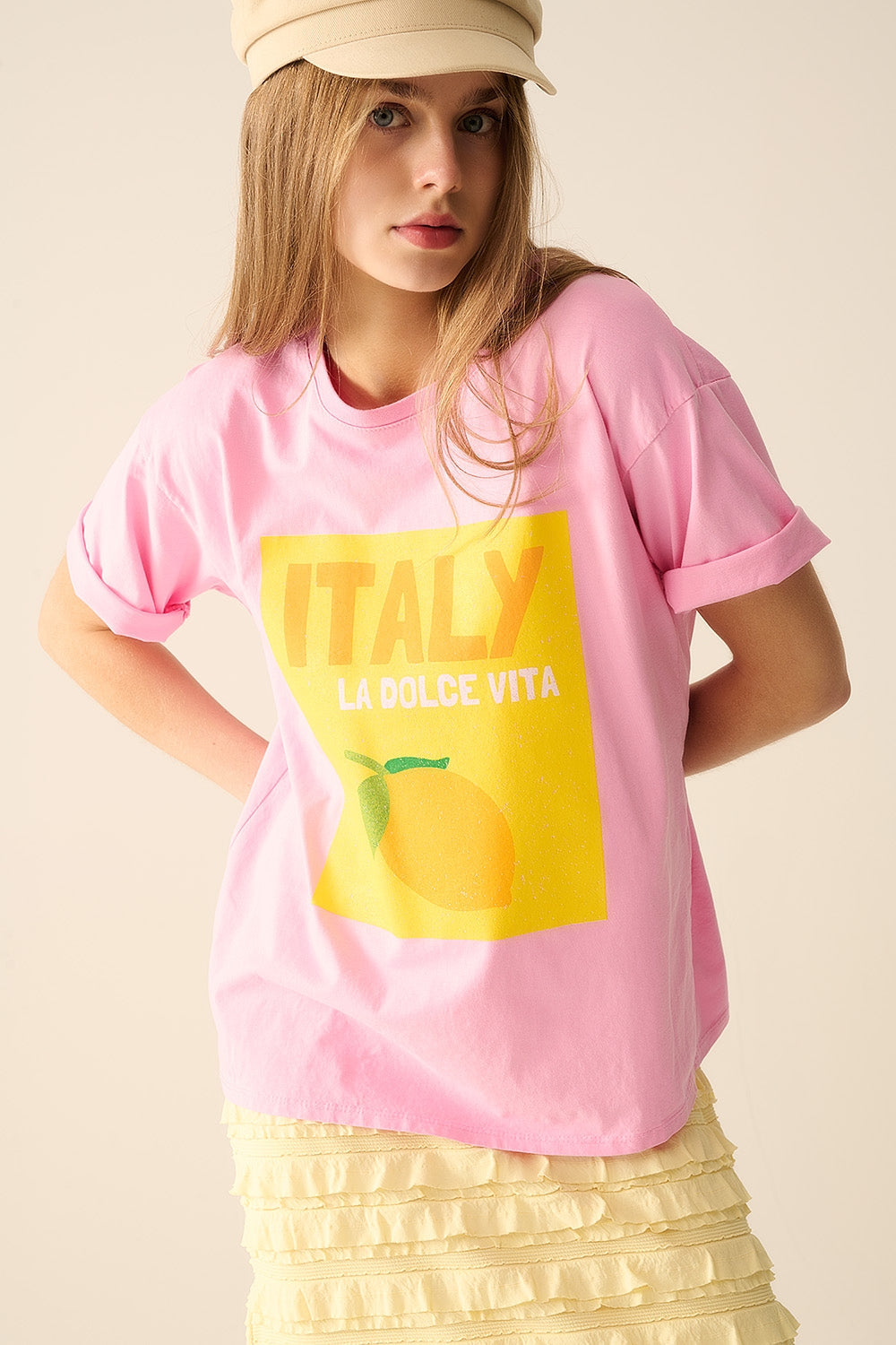 Italy La Dolce Vita Camiseta rosa bebé con estampado gráfico Q2