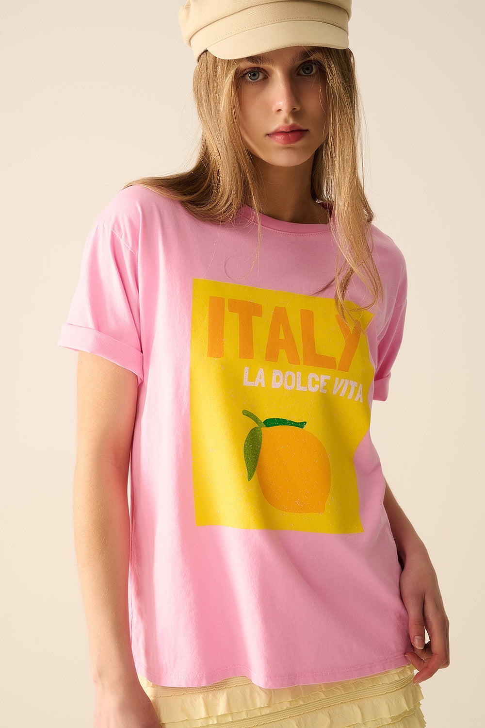 Italy La Dolce Vita Camiseta rosa bebé con estampado gráfico Q2