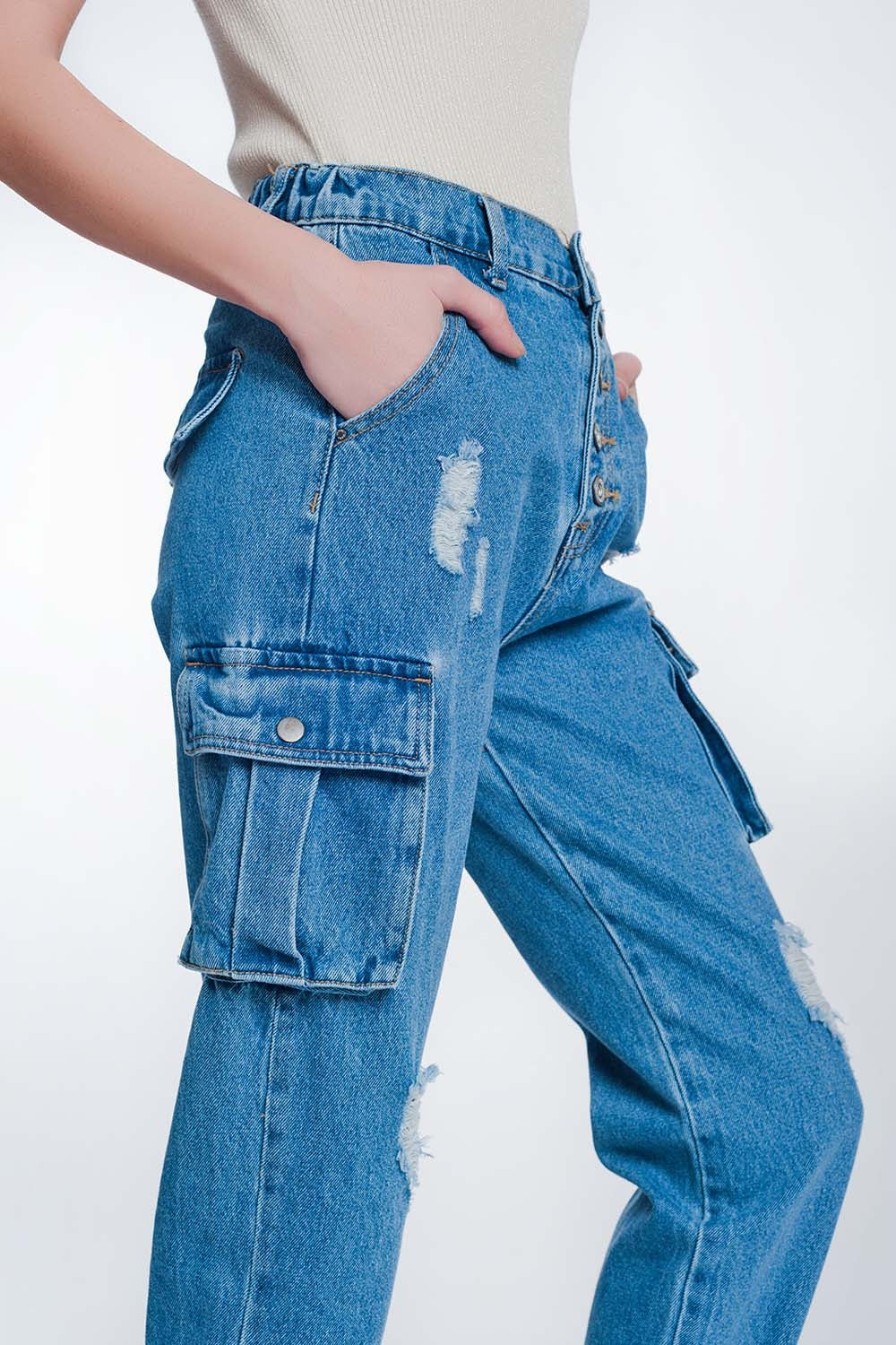 Jeans boyfriend con bolsillos laterales y rotos Q2