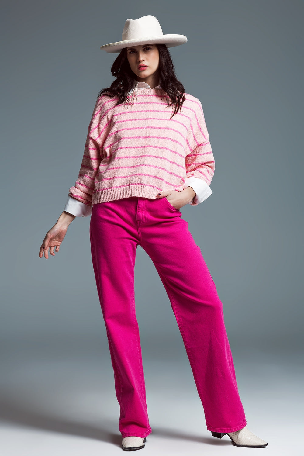Jersey con hombros caídos y rayas fucsia Q2