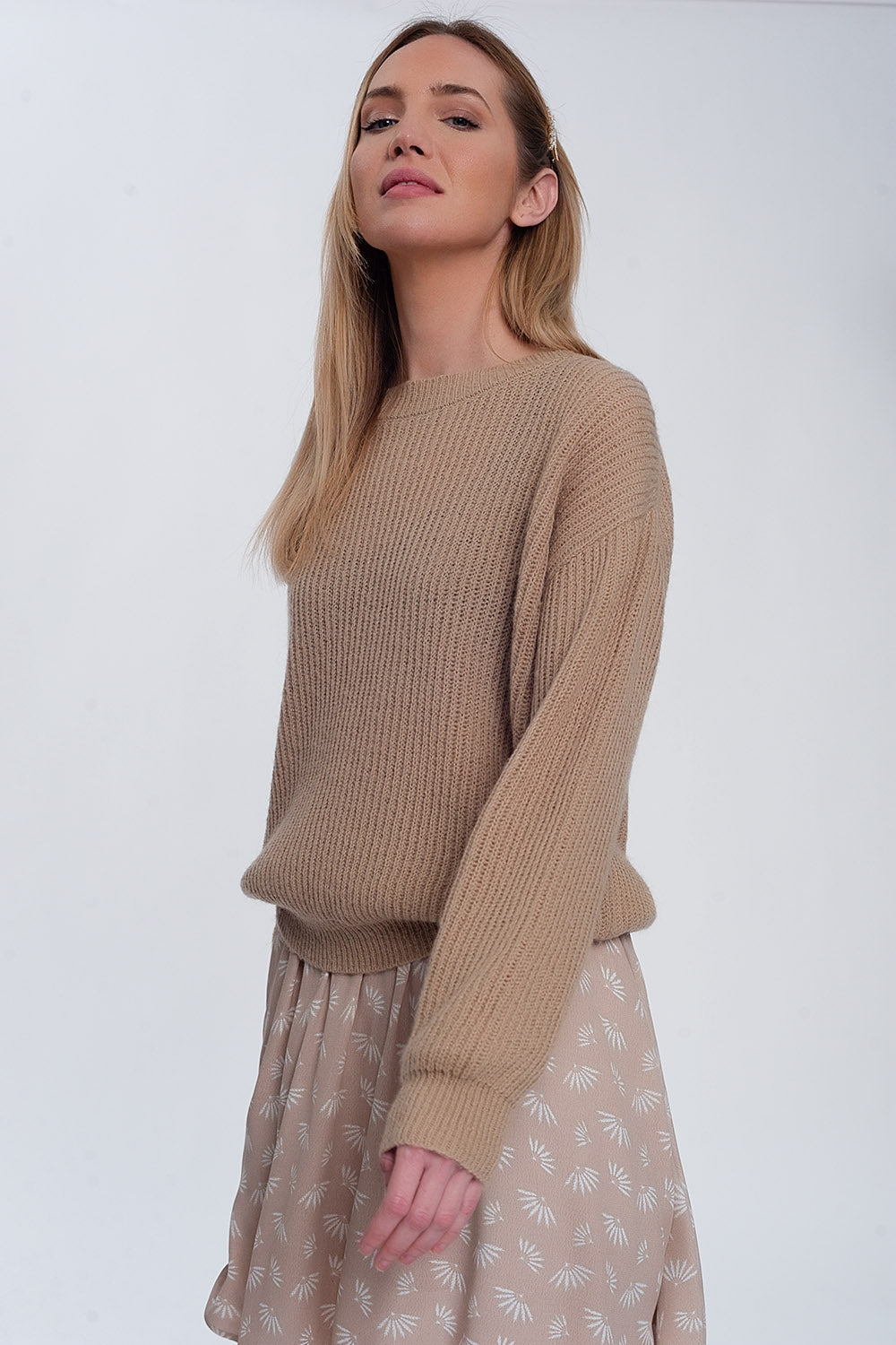 Jersey de canalé en beige Q2