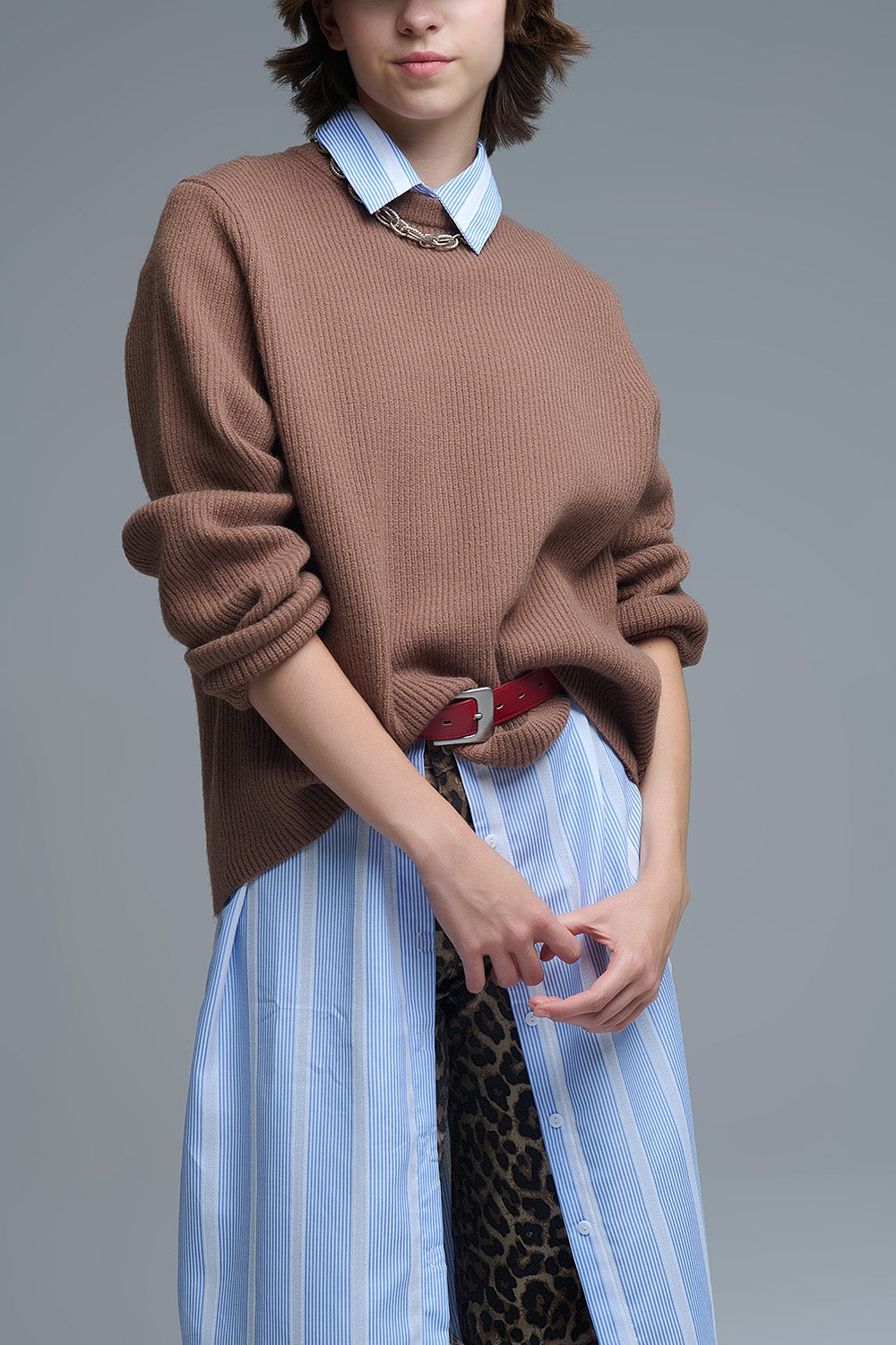 Jersey de punto acanalado en camel Q2