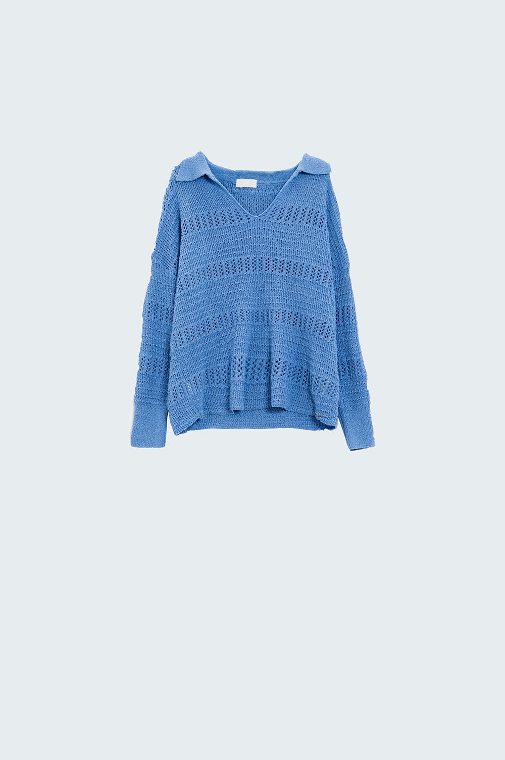 Jersey De Punto De Crochet Con Cuello En V Y Cuello Polo En Azul Q2