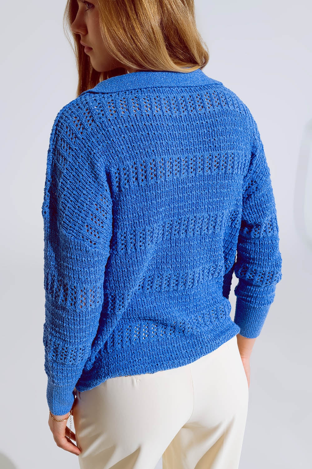 Jersey De Punto De Crochet Con Cuello En V Y Cuello Polo En Azul Q2