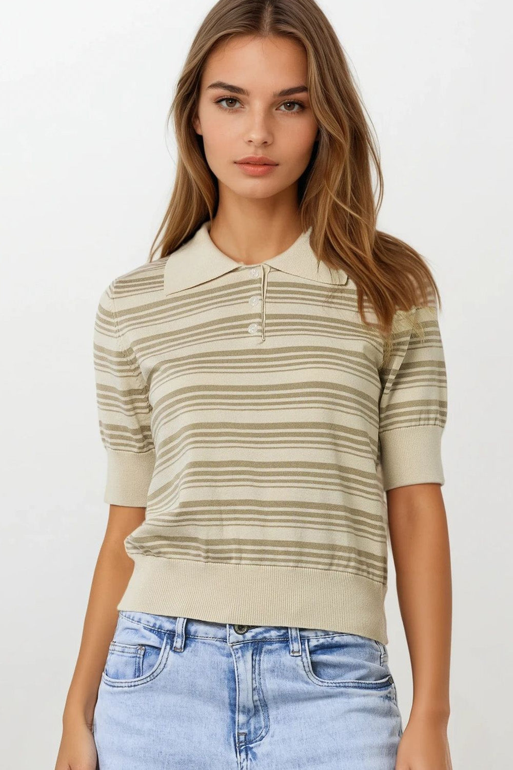 Jersey de rayas beige y camel con cuello polo Q2