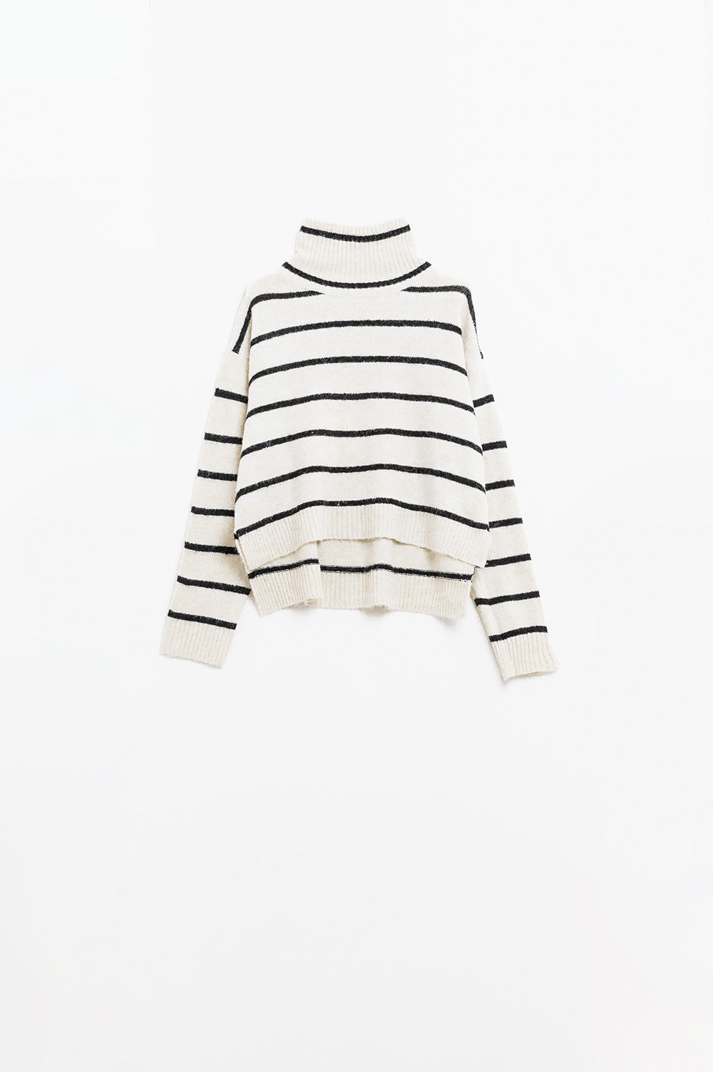 Jersey de rayas crema en negro con cuello alto Q2