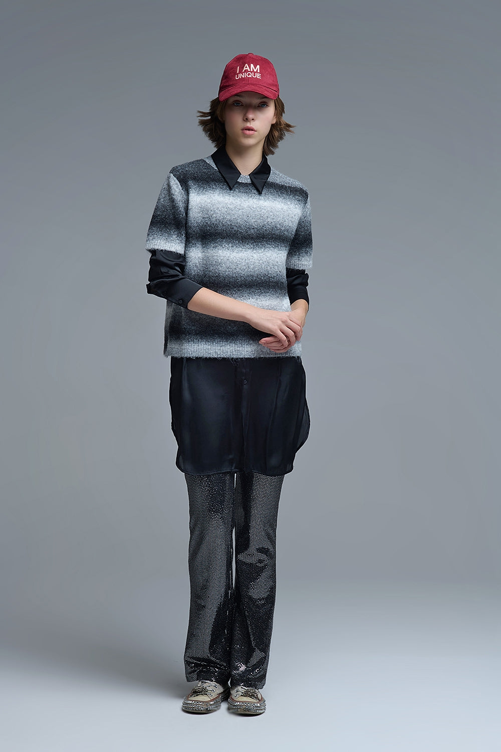 Jersey de rayas en degrade de manga corta en gris Q2