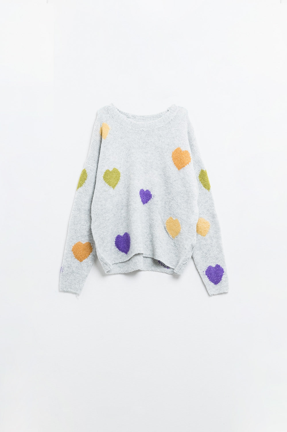 Jersey gris con cuello barco y estampado de corazones Q2