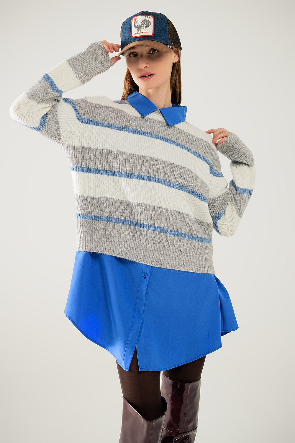 Jersey gris con rayas crudas y azules Q2