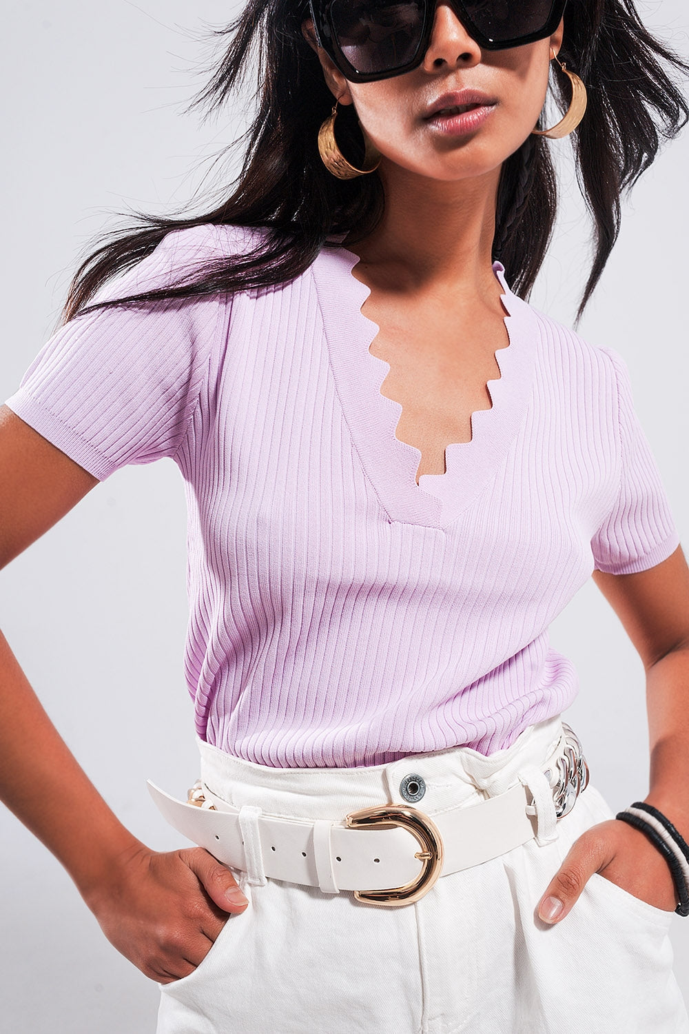 Jersey morado con cuello de pico de canalé Q2