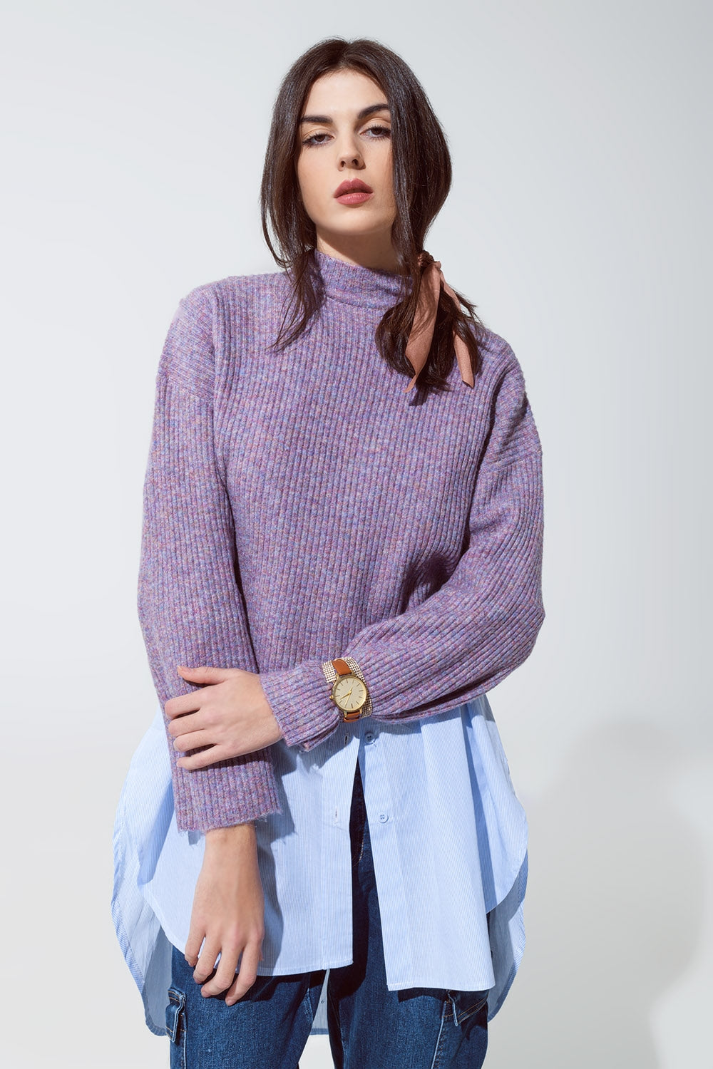 Jersey morado de cuello alto de canalé suave Q2