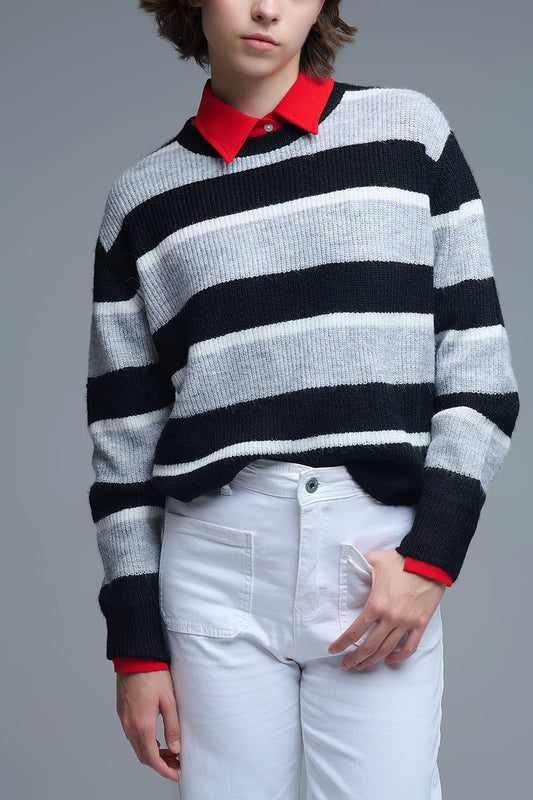 Q2 Jersey negro con rayas blancas y grises