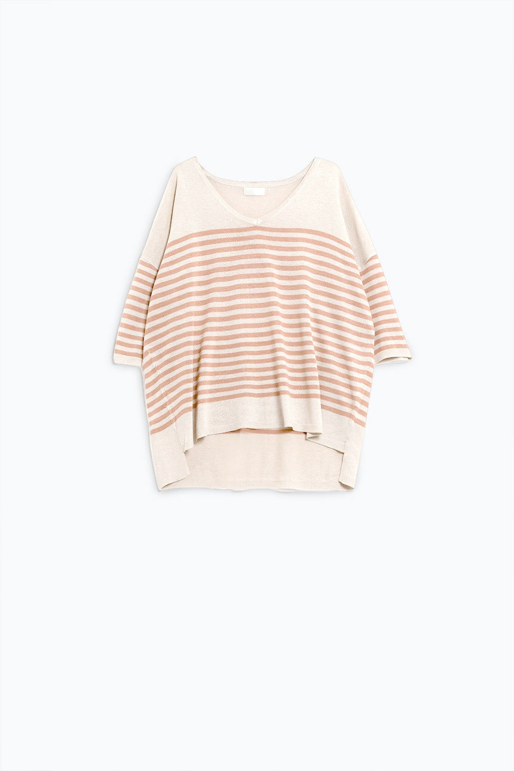 Jersey oversize beige con rayas marrones y cuello de pico Q2