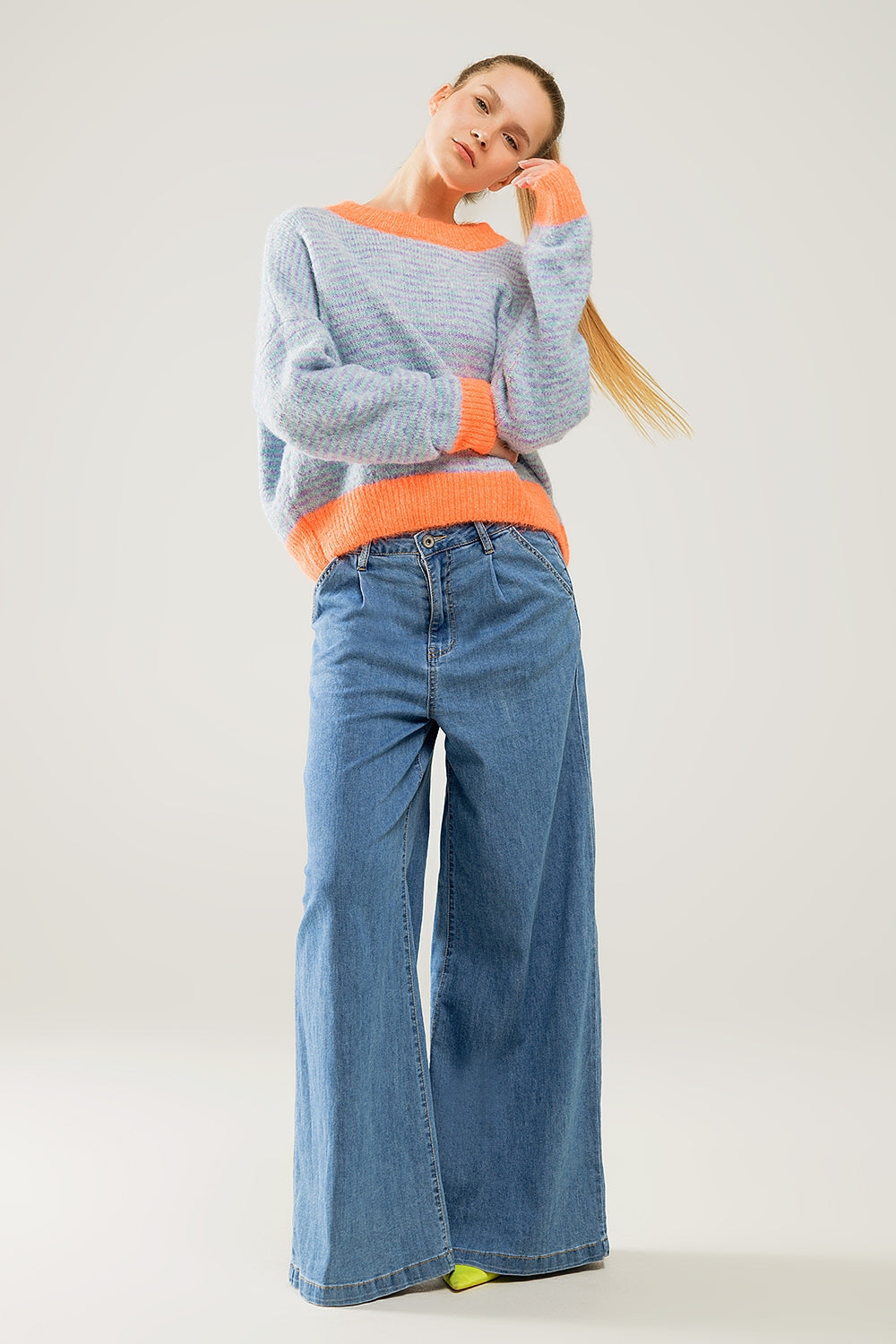 Jersey oversize de punto azul claro/naranja Q2