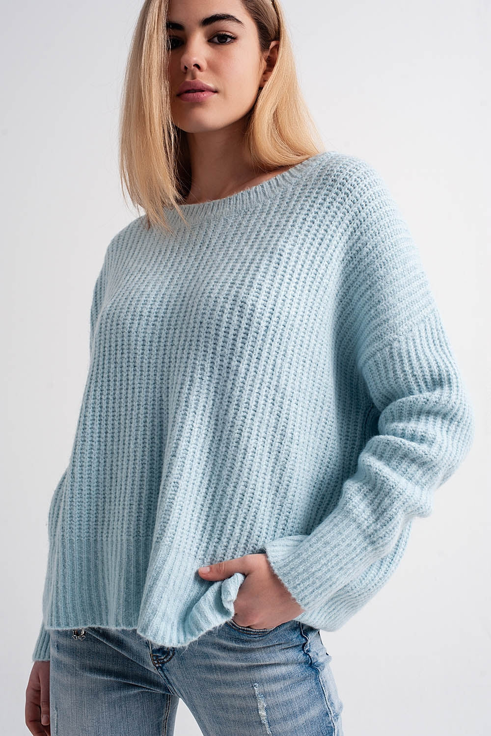 Jersey turquesa extragrande de canalé de punto estilo boyfriend Q2