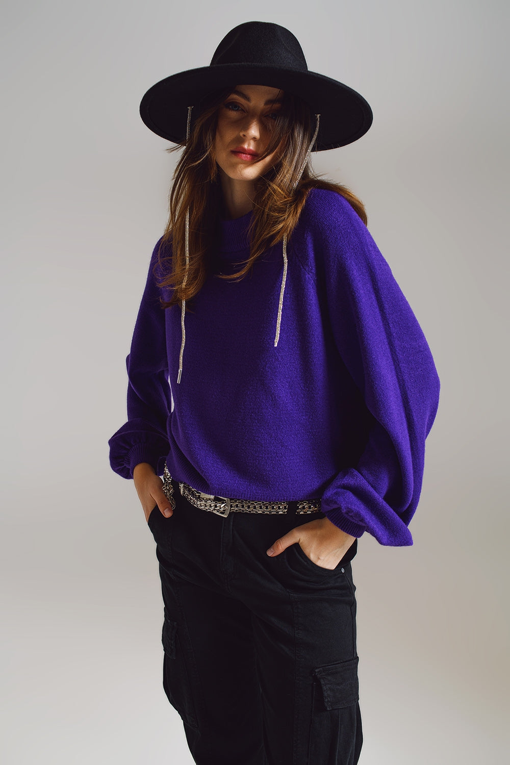 jumper morado de estilo relajado con mangas globo Q2