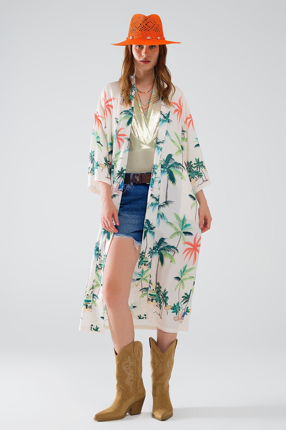 Kimono abierto en color crema con estampado playero y largo midi Q2