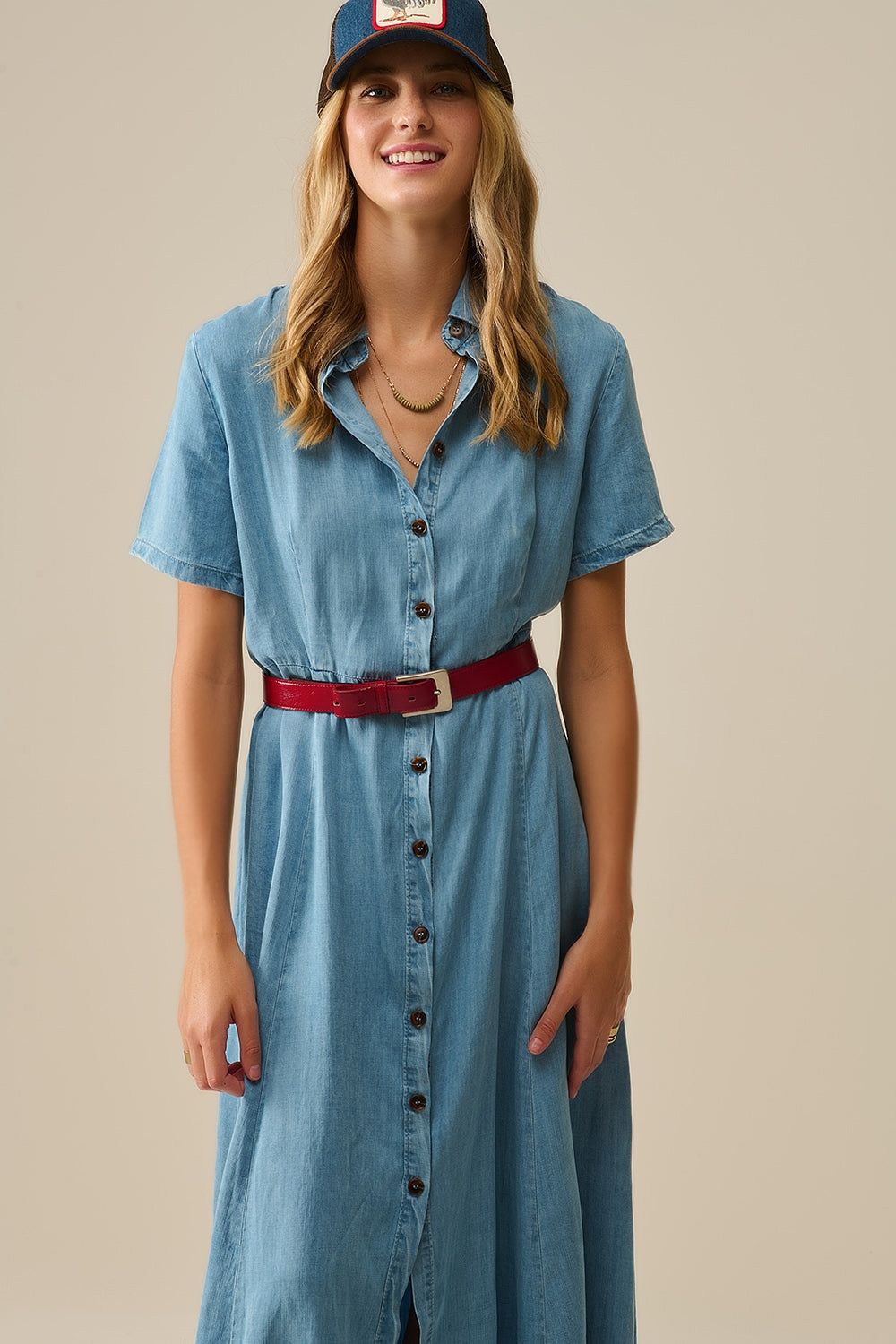 Maxi Vestido Azul Claro Abotonado Tejido Tencel Q2