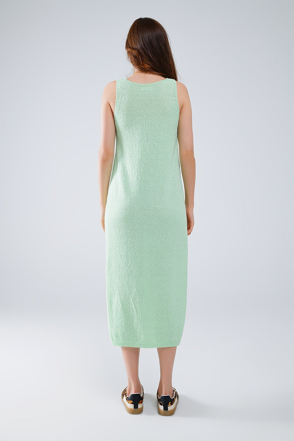 Maxi Vestido de punto Verde Sin Mangas Con Abertura Lateral Q2