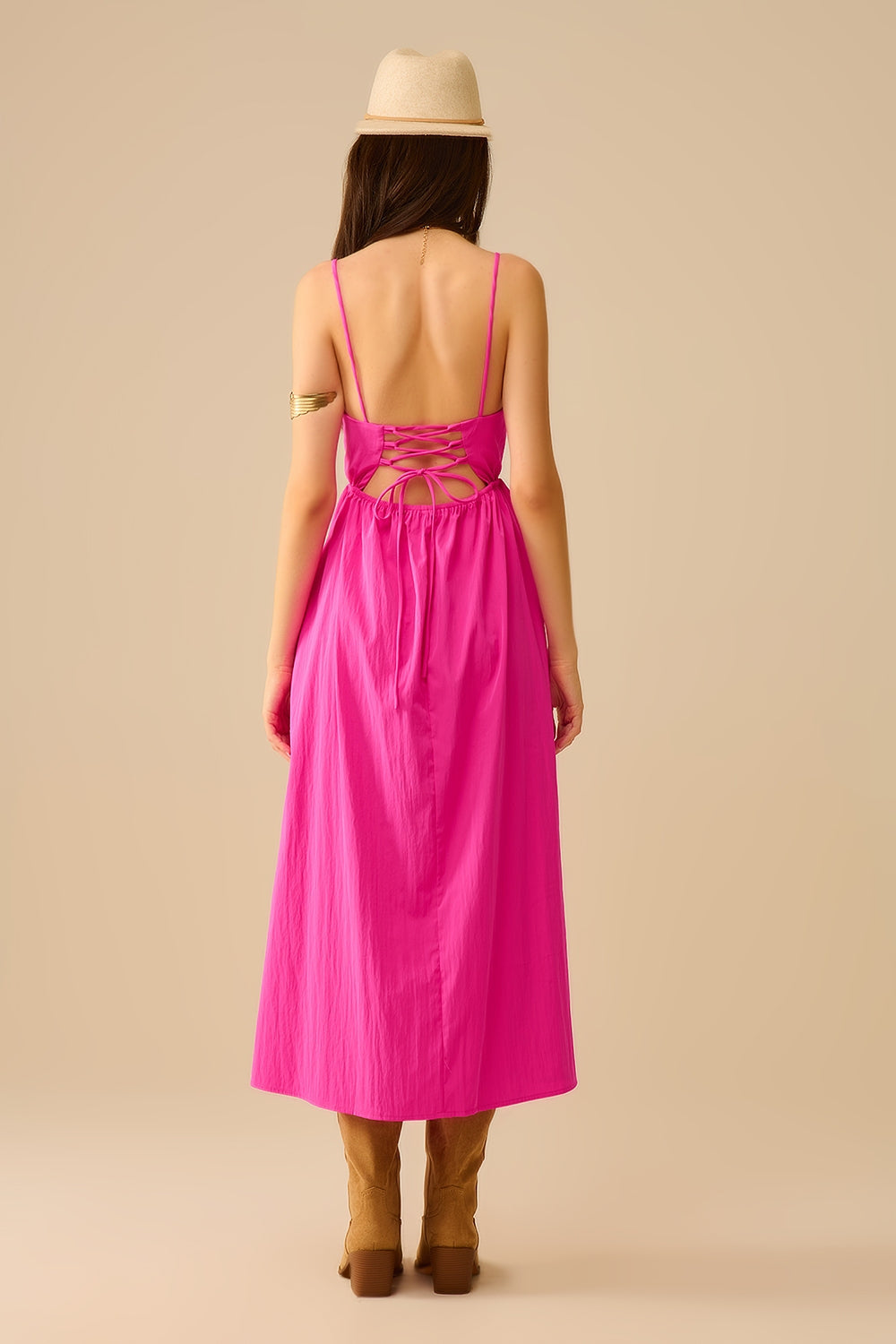 Maxi vestido fucshia con palmeras bordadas Q2