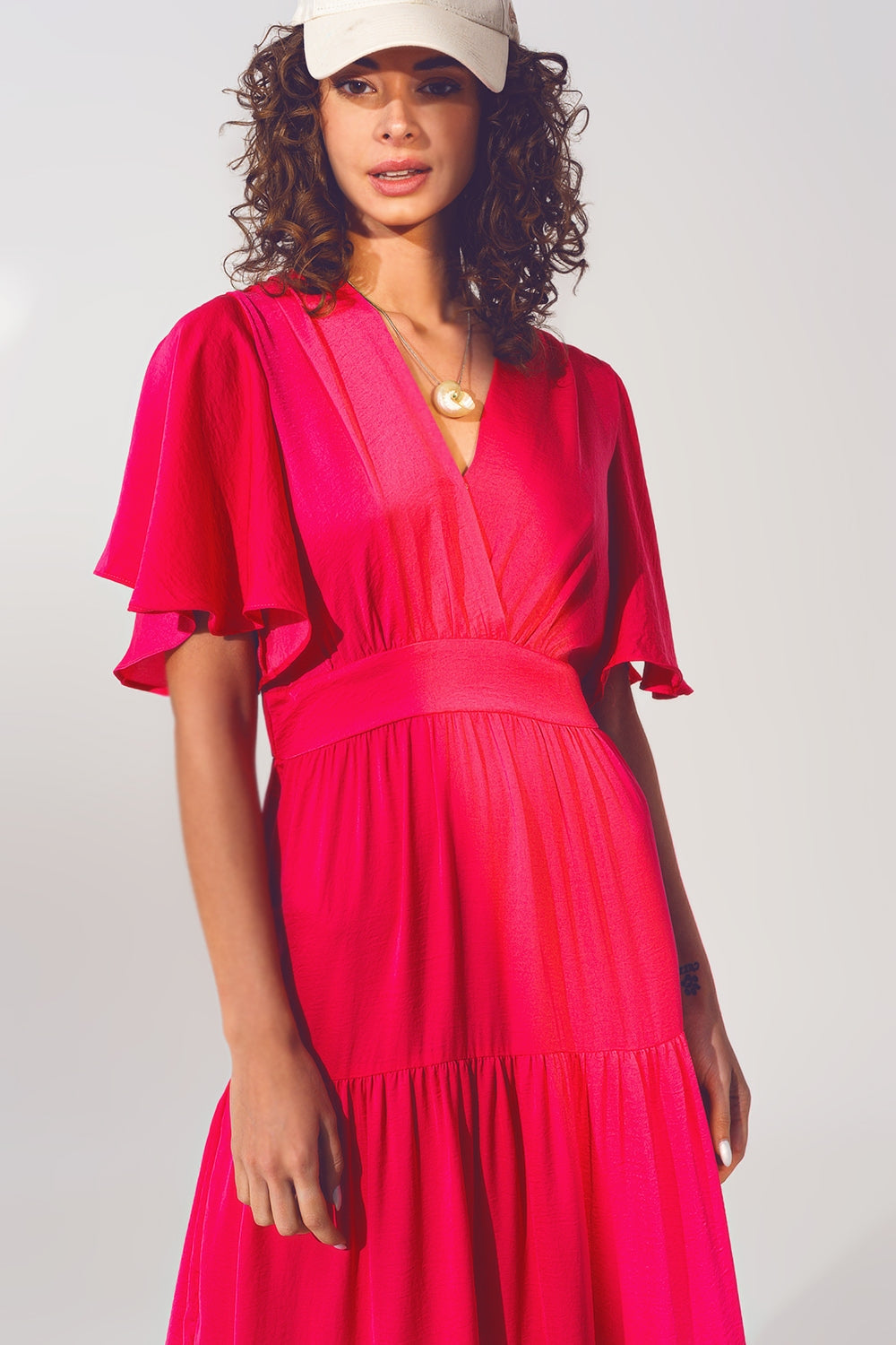 Maxi Vestido Smock Cuello en V fucsia Q2