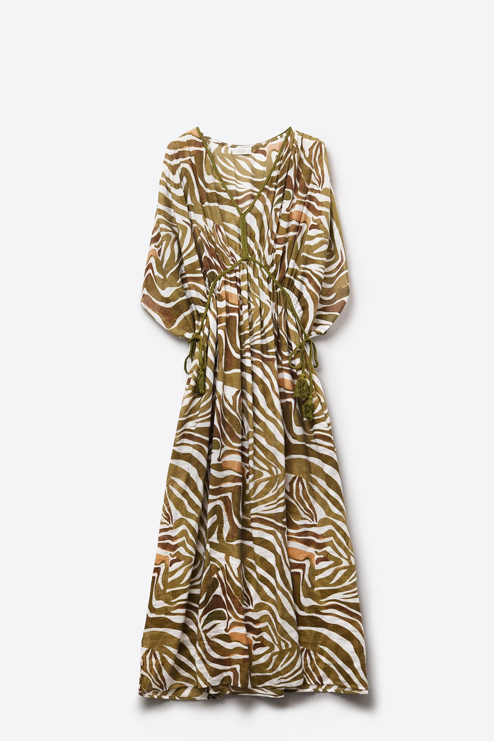 maxivestido caqui de gasa fluida con estampado de cebra y cordón en la cintura Q2