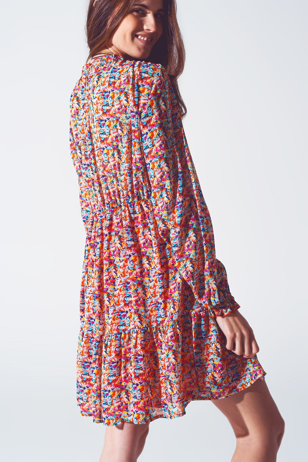 Mini Vestido Floral con Cuello en V Multicolor Q2